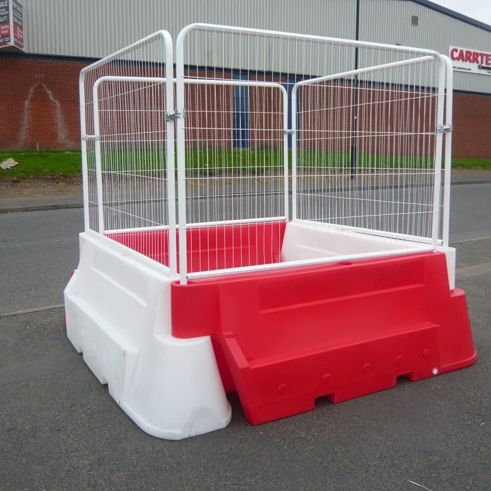 red and white barrier fence box