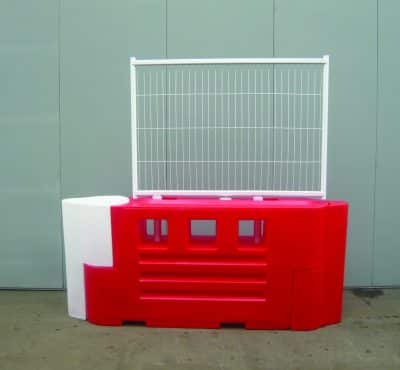 Red fence block with mesh fence