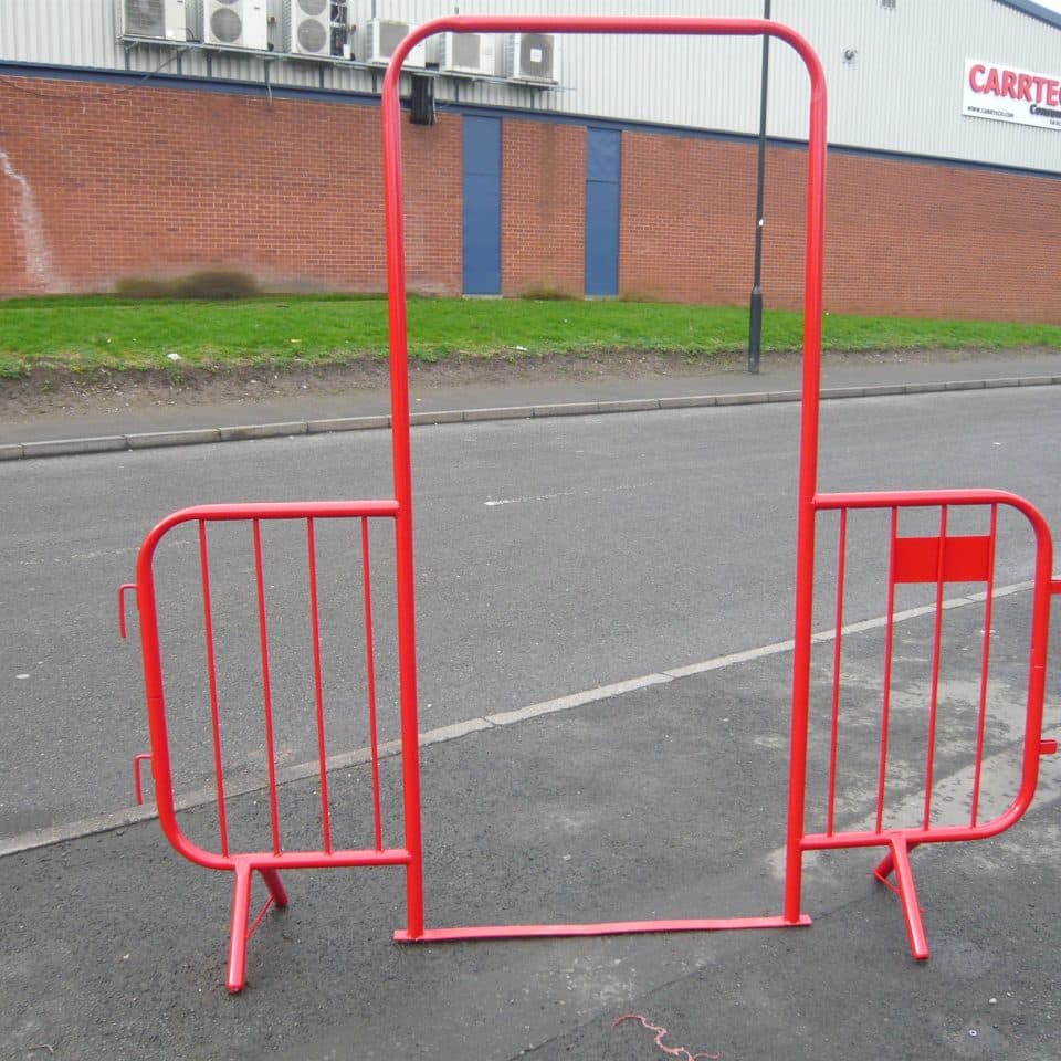 red fence with doorway
